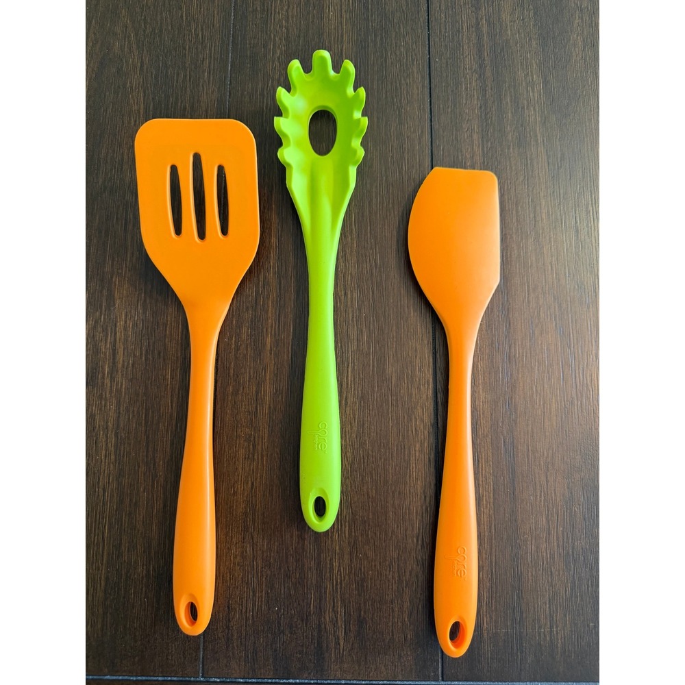 Core Kitchen Silicone Utensil Set 3pc Orange Green Pasta Server Turner Spatula